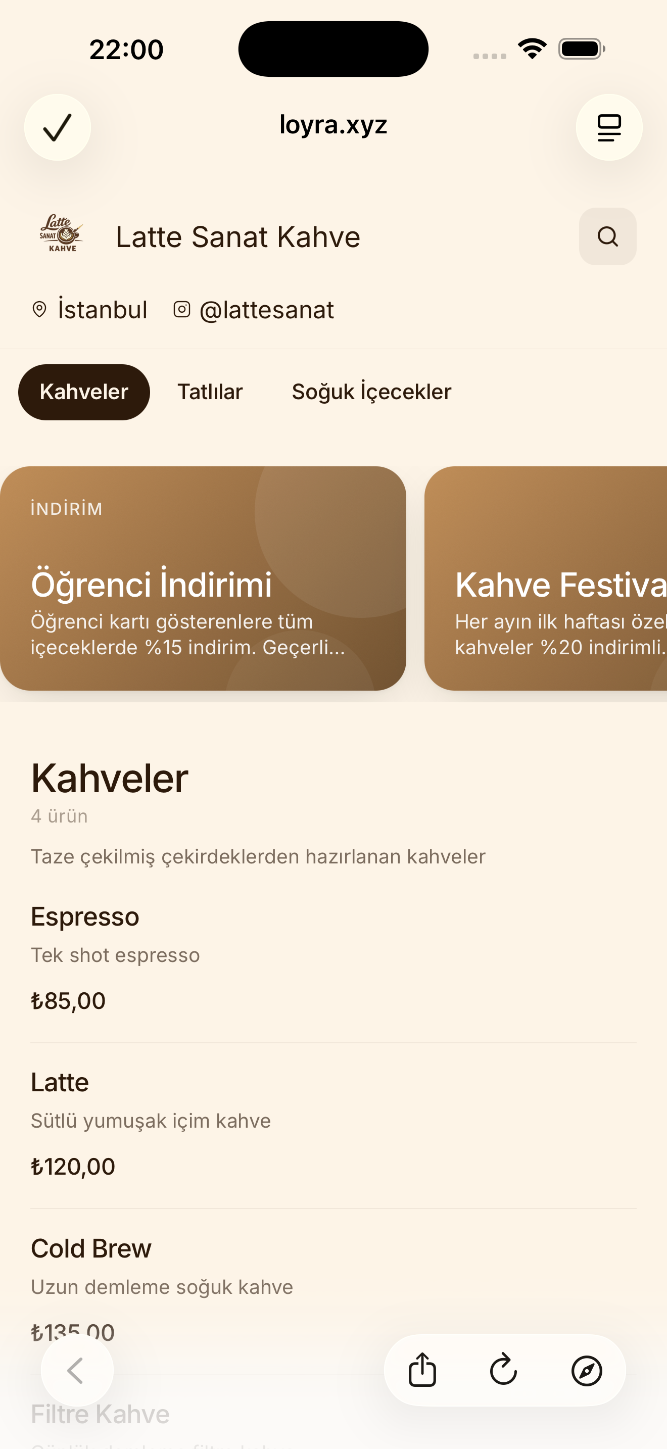 Loyra dijital QR menü ekranı